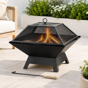 Premium Square Fire Pit with BBQ Grill Mesh Lid & Poker