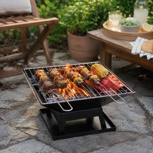 Premium Square Fire Pit with BBQ Grill Mesh Lid & Poker