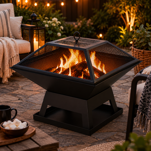 Outdoor fire pit with flames on a patio, surrounded by chairs and decorative elements.