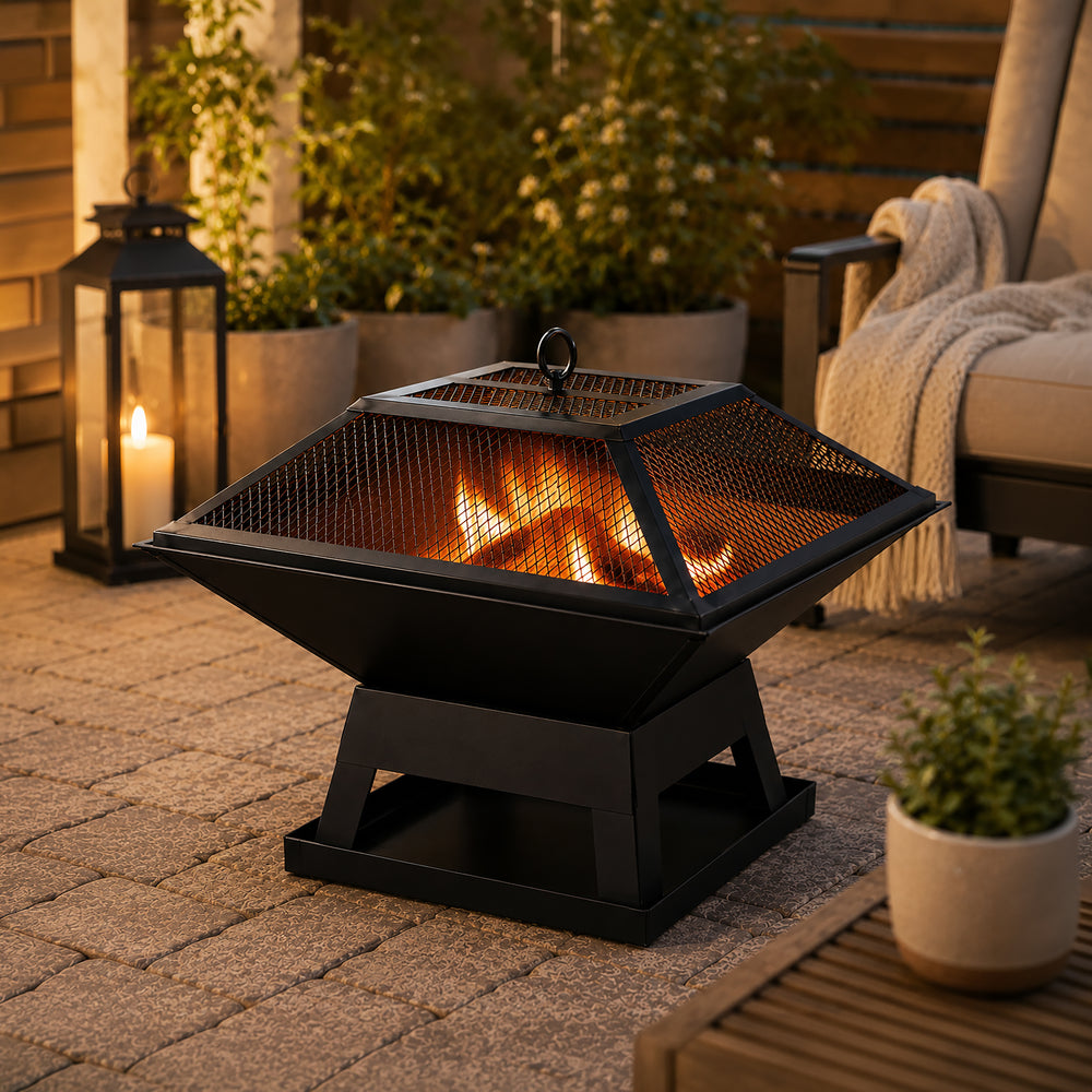 Black outdoor fire pit with flames on a patio, surrounded by plants and a candle.