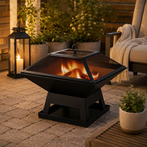 Black outdoor fire pit with flames on a patio, surrounded by plants and a candle.