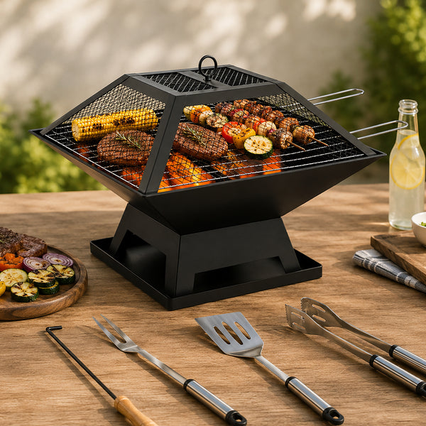 2-in-1 Square Fire Pit BBQ with Grill & Accessories