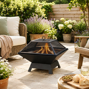 Premium Square Fire Pit with BBQ Grill Mesh Lid & Poker