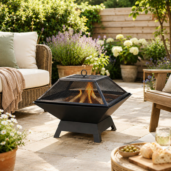 Premium Square Fire Pit with BBQ Grill Mesh Lid & Poker
