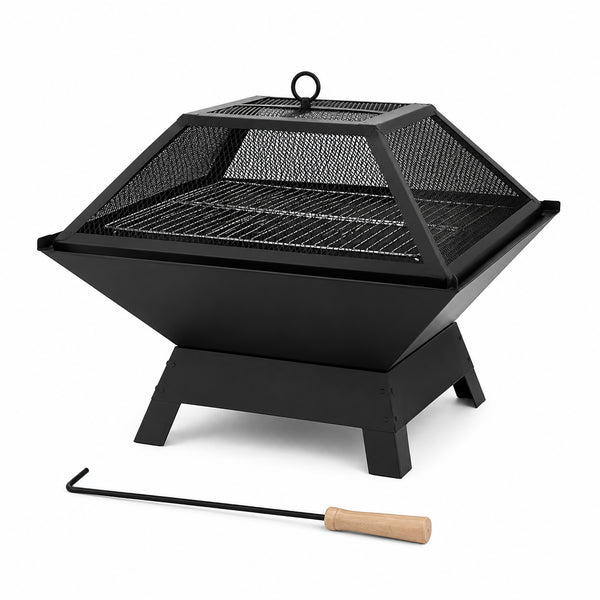 Premium Square Fire Pit with BBQ Grill Mesh Lid & Poker