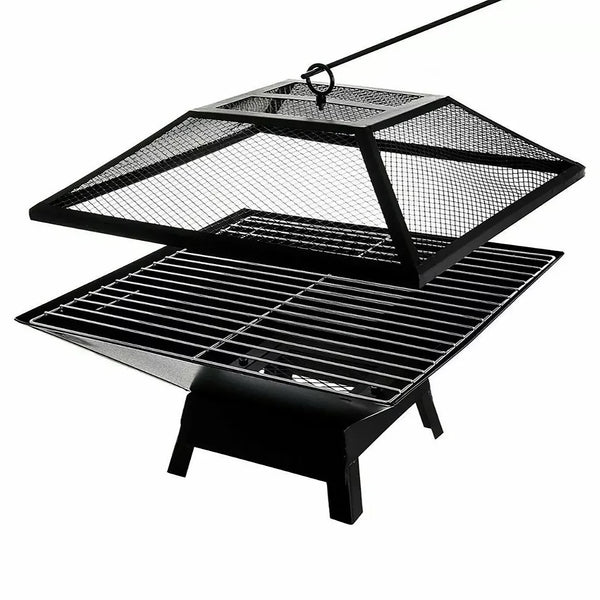 Premium Square Fire Pit with BBQ Grill Mesh Lid & Poker