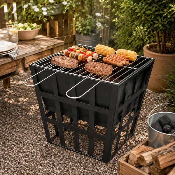 A black outdoor cube grill with a metal grate and side handles, shown in a backyard setting with food cooking on top, including burgers, corn, and skewers.