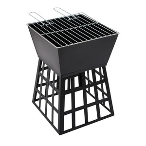 A black metal outdoor grill with a slotted basket-style base and a top lid, shown on a plain white background.