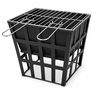 A black metal grill basket with a wire grate top and two hanging metal handles, shown on a clean white background.