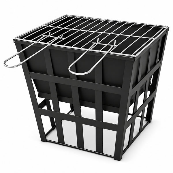 A black metal grill basket with a wire grate top and two hanging metal handles, shown on a clean white background.
