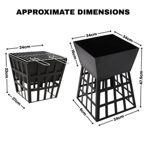 Black metal grill basket shown from two angles with labeled approximate dimensions on a white background, including text reading 'APPROXIMATE DIMENSIONS'.