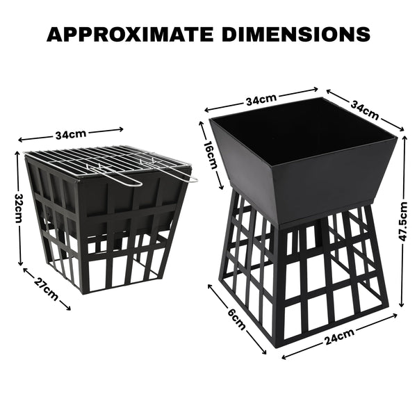 Black metal grill basket shown from two angles with labeled approximate dimensions on a white background, including text reading 'APPROXIMATE DIMENSIONS'.