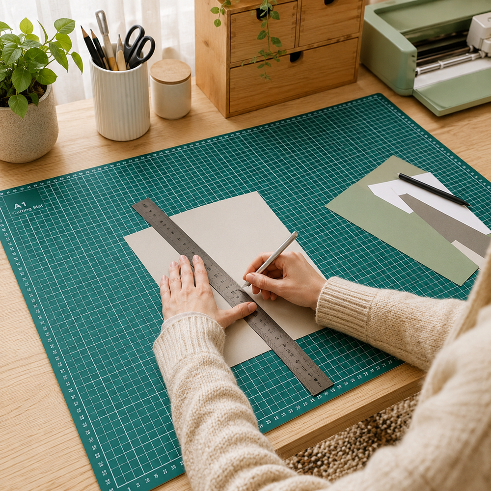 A person uses a metal ruler and pencil to measure and draw on a large green cutting mat on a wooden desk. The scene includes crafting supplies, a small plant, and a mint green machine in a bright, tidy workspace.