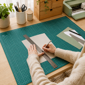 A person uses a metal ruler and pencil to measure and draw on a large green cutting mat on a wooden desk. The scene includes crafting supplies, a small plant, and a mint green machine in a bright, tidy workspace.
