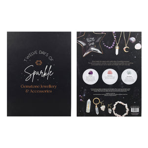 A retail display or booklet set for 'Twelve Days of Sparkle Gemstone Jewellery & Accessories', showing the front cover on the left and the back panel on the right. The packaging features a black background with white and gold typography, alongside illustrations and photos of various gemstone jewelry items including necklaces, bracelets, and rings.