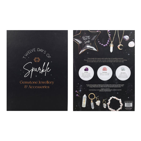 A retail display or booklet set for 'Twelve Days of Sparkle Gemstone Jewellery & Accessories', showing the front cover on the left and the back panel on the right. The packaging features a black background with white and gold typography, alongside illustrations and photos of various gemstone jewelry items including necklaces, bracelets, and rings.