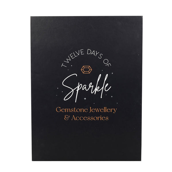 Black packaging with 'Twelve Days of Sparkle' text and gemstone jewellery branding.