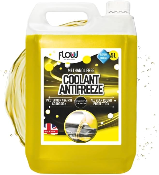 Yellow coolant antifreeze container with 'Flow' branding on a white background