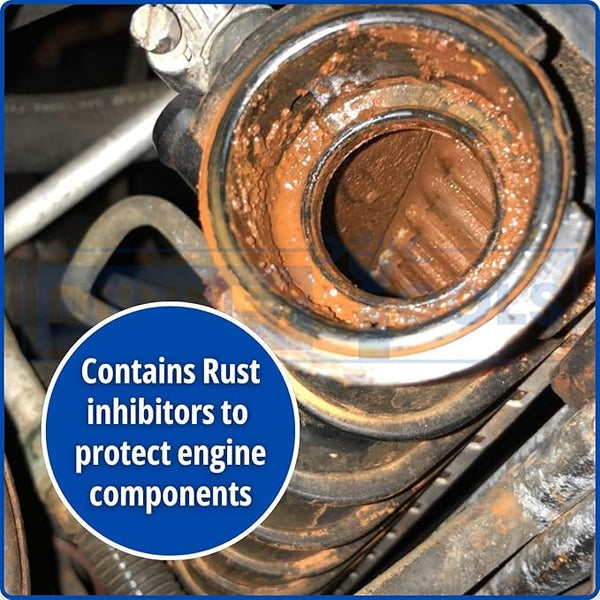 Rust inhibitor product on a metal component with text overlay
