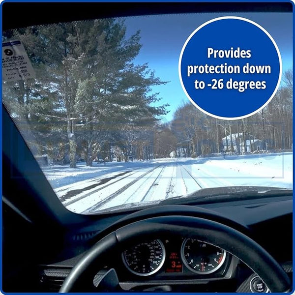 Car windshield with snow protection膜, showing clear view of snowy road.