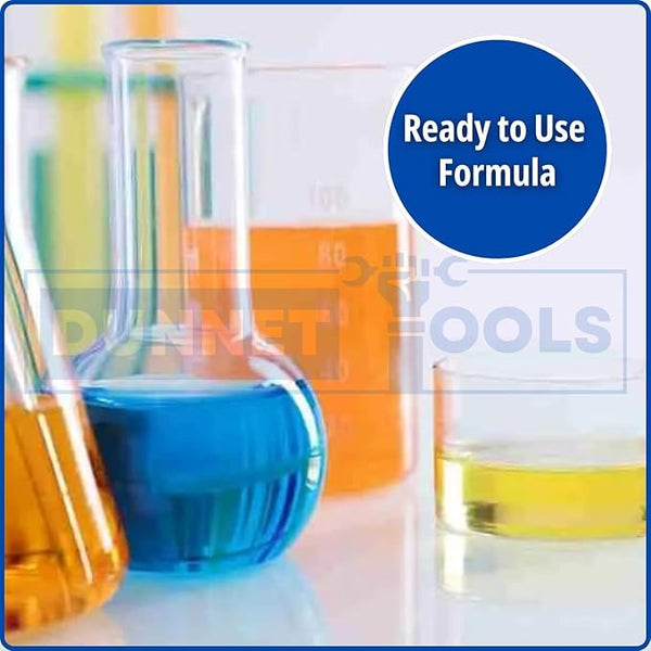 Laboratory beakers with colored liquids and 'Ready to Use Formula' text on a blue circle.