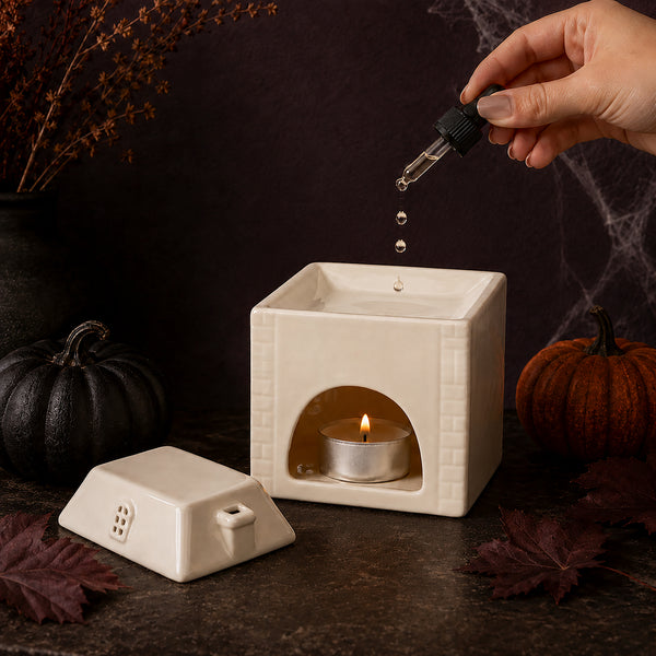 A ceramic diffuser and candle holder set in a styled autumn scene. A hand is holding a glass dropper above the open square diffuser, which contains a tealight candle.