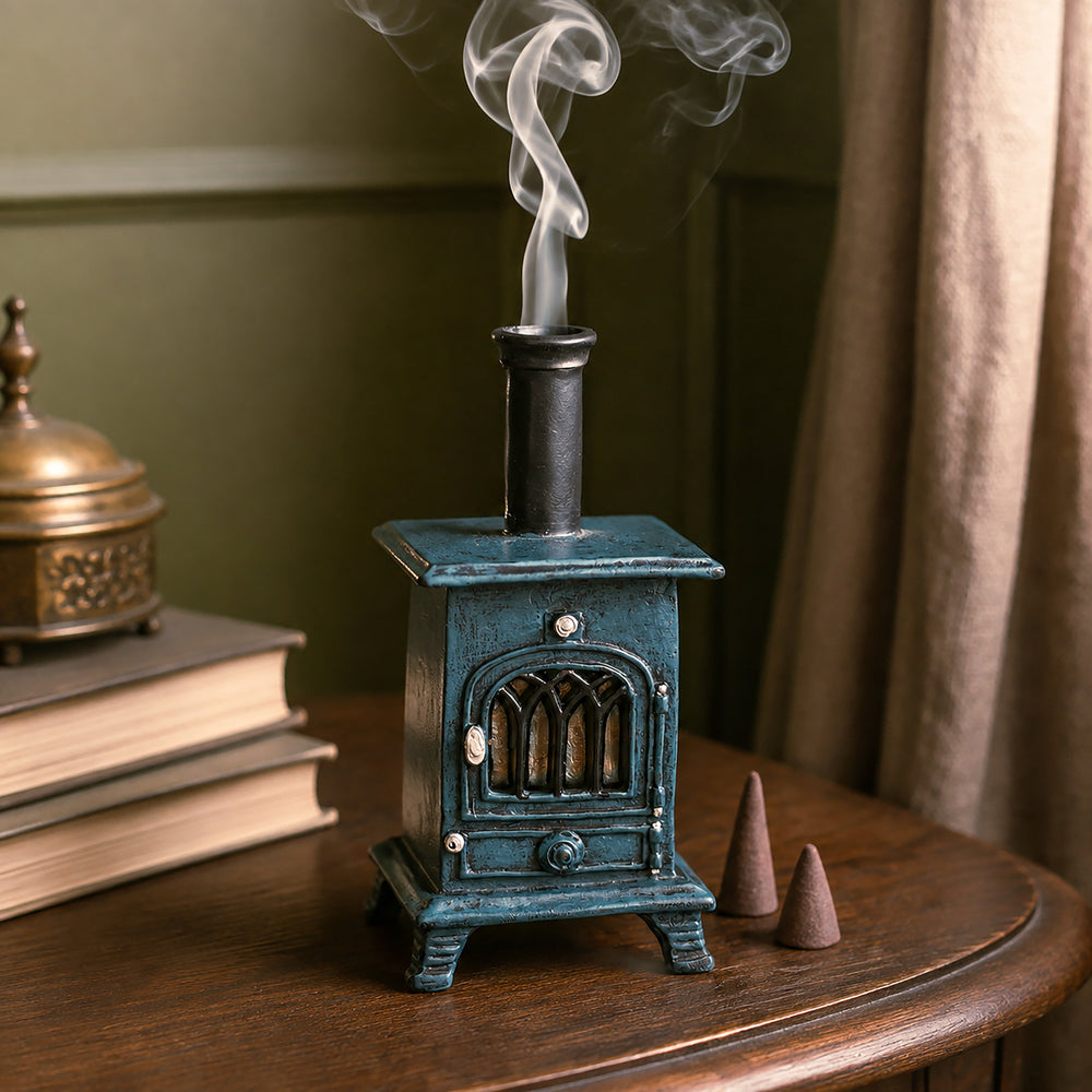 A miniature decorative wood-burning stove figurine in a distressed teal green finish, styled on a wooden table next to a stack of books