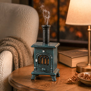 A miniature decorative wood-burning stove figurine in a distressed teal green finish, styled on a wooden table next to a lit lamp and a cozy armchair.