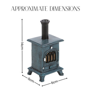 Decorative miniature wood stove with smoke on a white background with text 'approximate dimensions' and respective sizes 14 x 5 x 6cm