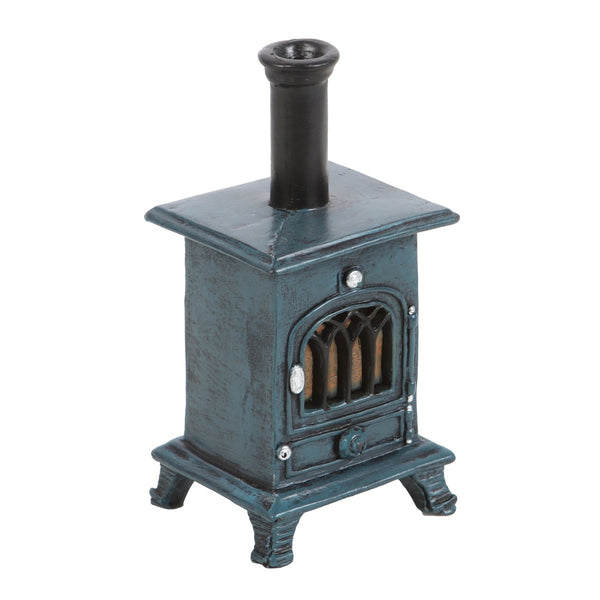 Small blue cast iron stove on a white background