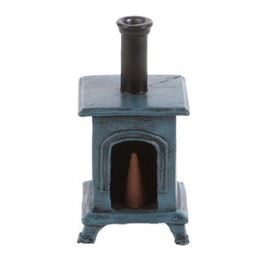 Blue cast iron stove with a chimney on a white background