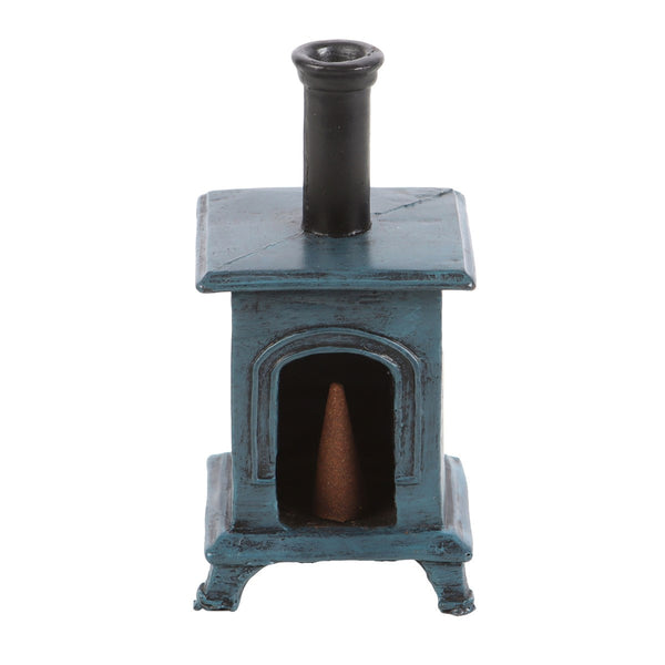 Blue cast iron stove with a chimney on a white background
