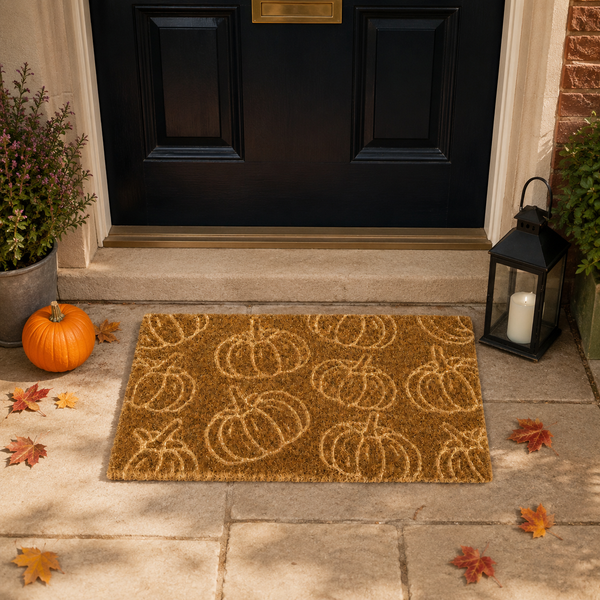 A rectangular coir doormat with a repeating pumpkin pattern, placed on a stone doorstep in front of a black front door. The scene includes fall decor such as a small orange pumpkin, scattered leaves, potted plants, and a black lantern.