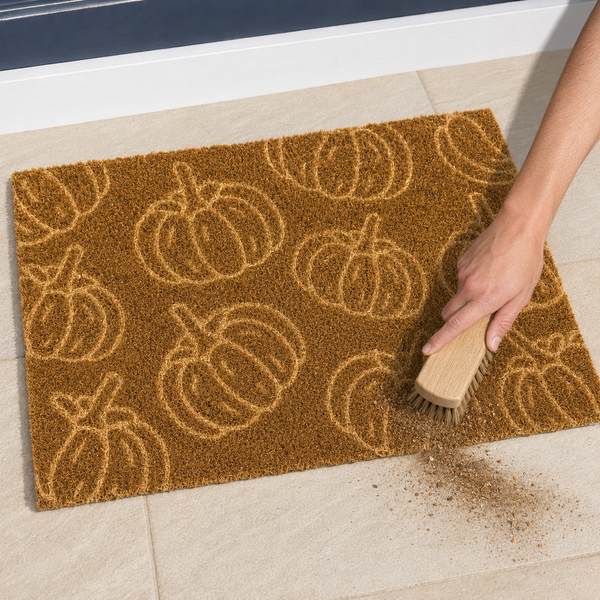 A rectangular coir doormat with a tan pumpkin pattern, shown on a light tile floor with a hand using a wooden brush to sweep dirt off the front.