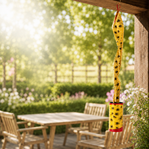 A yellow spiral garden wind spinner with black spots and red accents hangs from a wooden pergola in a sunny, blurred backyard patio setting.