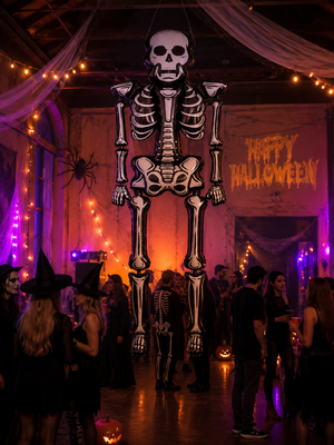 A large Halloween skeleton decoration hangs in the center of a dimly lit party room with guests standing around it. The room has purple and orange lighting, draped fabric, string lights, a spider decoration, and 'Happy Halloween' written on the wall.
