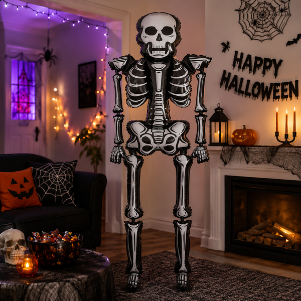 A large inflatable skeleton Halloween decoration stands in a decorated living room with a fireplace, 'HAPPY HALLOWEEN' wall sign, string lights, and pumpkin decor.