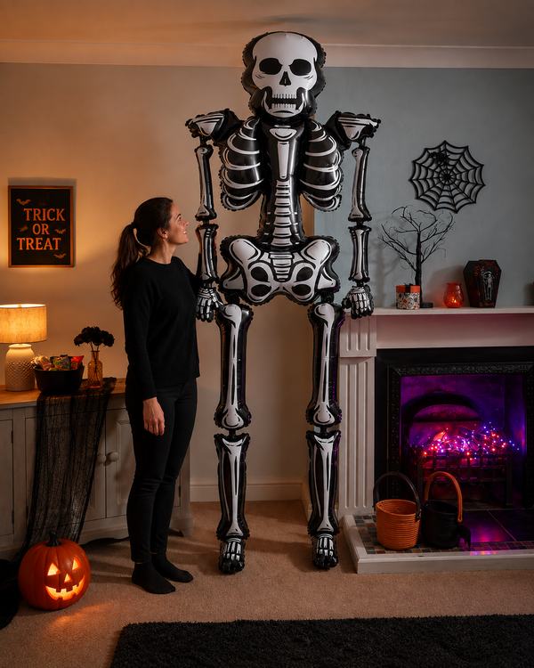 A person stands beside a very tall inflatable or prop skeleton decoration in a decorated living room with a fireplace, Halloween sign, pumpkin, spider web decor, and basket.