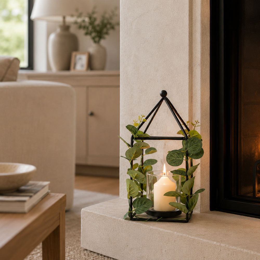 Black Metal Candle Holder with Faux Eucalyptus