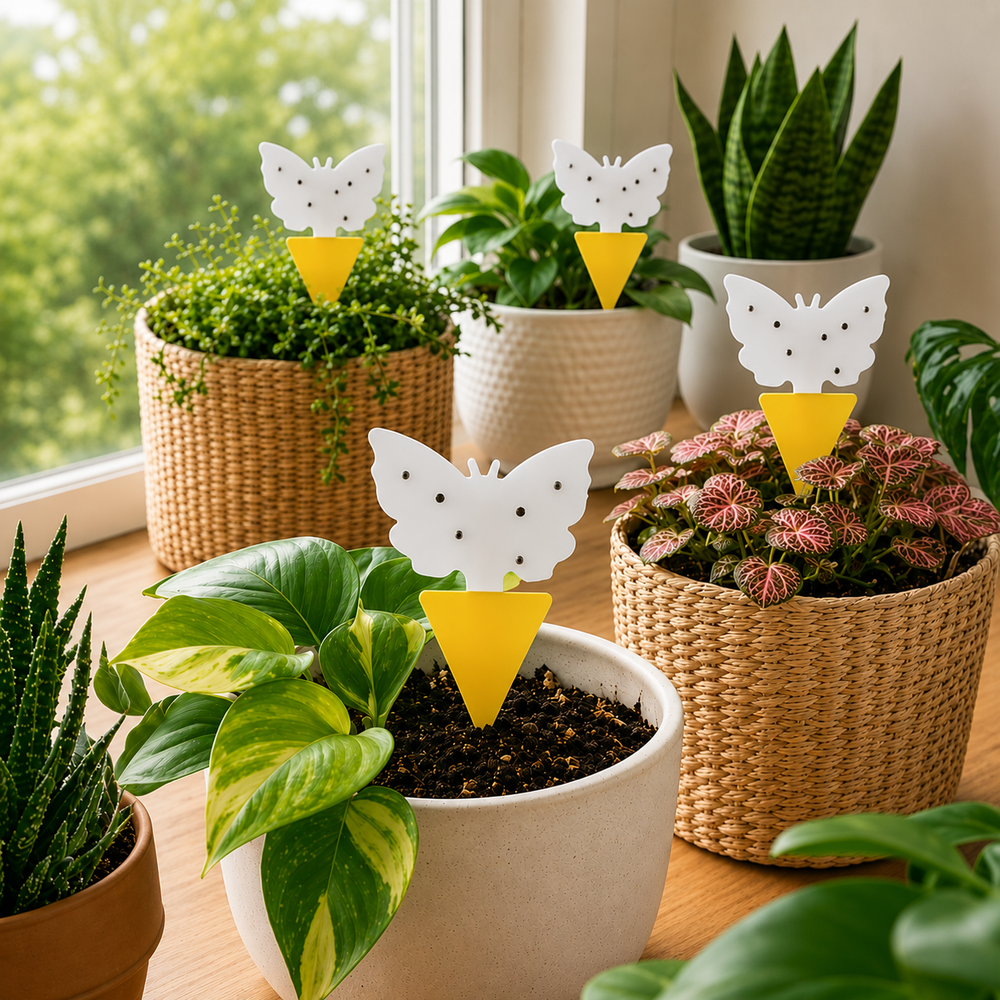 Decorative white butterfly-shaped yellow sticky insect traps placed in potted houseplants on a bright windowsill. The non-toxic traps feature white butterfly tops with yellow triangular stakes and help catch flying plant pests while blending into indoor plant displays.