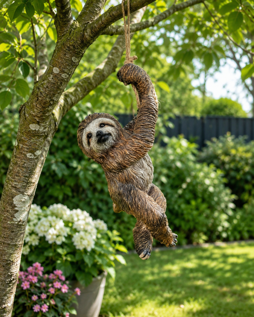 Swinging Sloth Resin Garden Ornament – Hanging Outdoor Sloth Decor