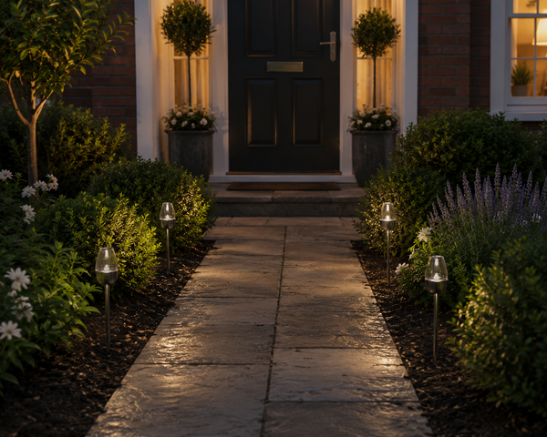 A nighttime view of a landscaped front walkway leading to a dark front door. The scene includes illuminated garden lights along the path, trimmed shrubs, flowers, and potted topiary trees on either side of the entrance.