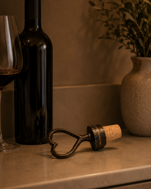 A rustic metal wine stopper with a cork inserted, resting on a beige stone countertop next to a dark wine bottle, a glass of red wine, and a ceramic vase with greenery.