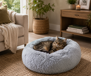 A brown tabby cat rests inside a round, plush light blue pet bed on a woven rug in a cozy living room setting.