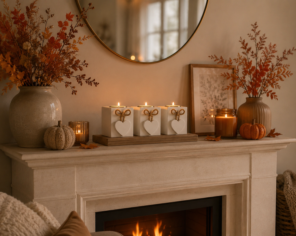 Three white square heart-shaped candles with gold ribbon bows are arranged on a wooden tray on a fireplace mantel, surrounded by fall decorations including pumpkins, vases with autumn leaves, and a lit candle.