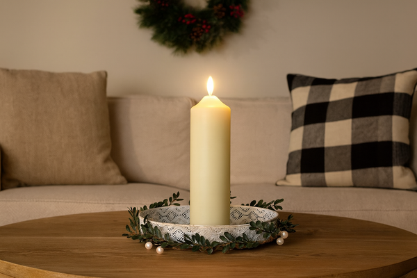Candle on a decorative tray with a wreath in the background on a couch.