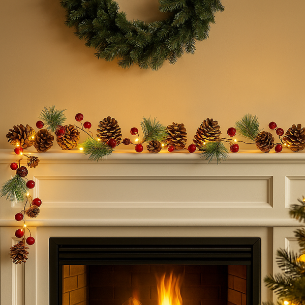 Decorative garland with pine cones and lights on a fireplace mantel.