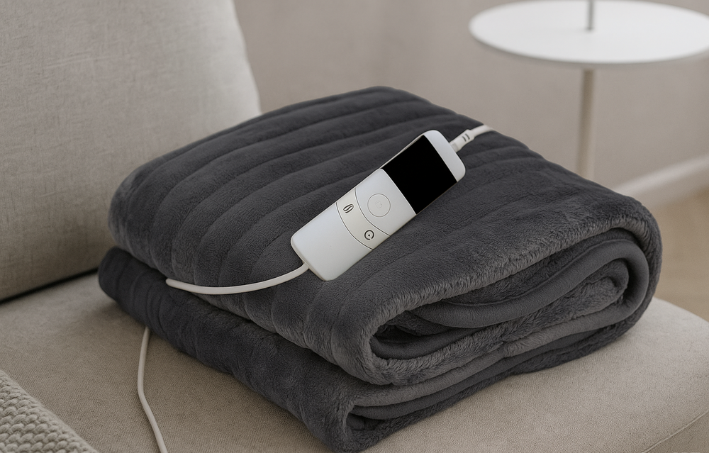 Grey heated blanket with digital dial to control, placed on beige sofa.