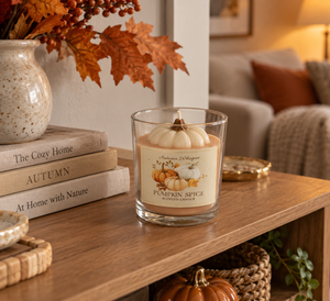 A Pumpkin Spice scented soy candle in a clear glass jar with a decorative white pumpkin topper, styled on a wooden table next to stacked books in a cozy autumn living room setting.
