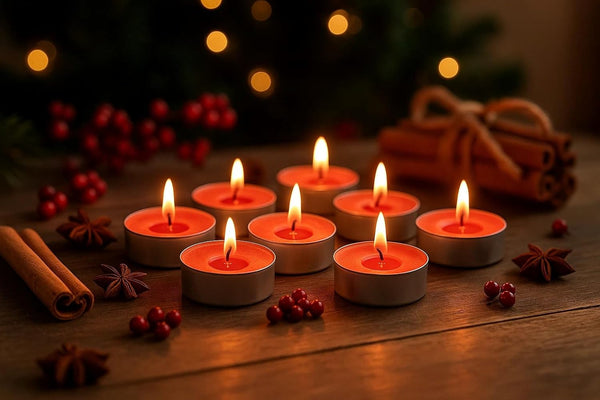 Small cinnamon candles displayed in tealight holders